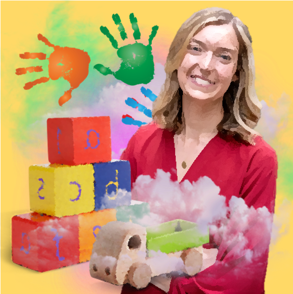 alphabet blocks, hand-prints, woman, researcher, toy train, art